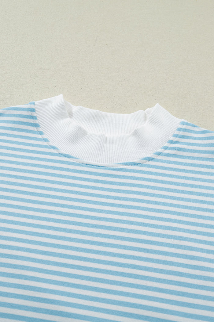 Sky Blue Stripe Cuffed Sleeve Contrast Mock Neck Tee Casual 2pcs Short Set Shewin