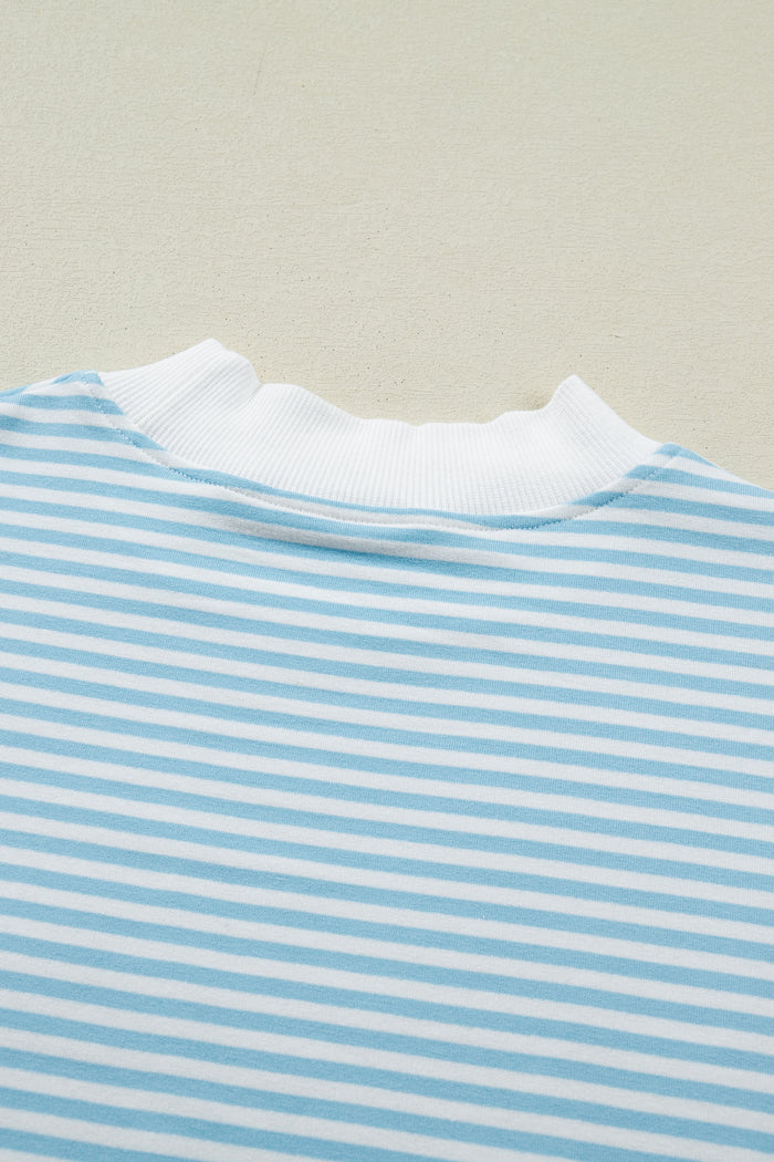 Sky Blue Stripe Cuffed Sleeve Contrast Mock Neck Tee Casual 2pcs Short Set Shewin
