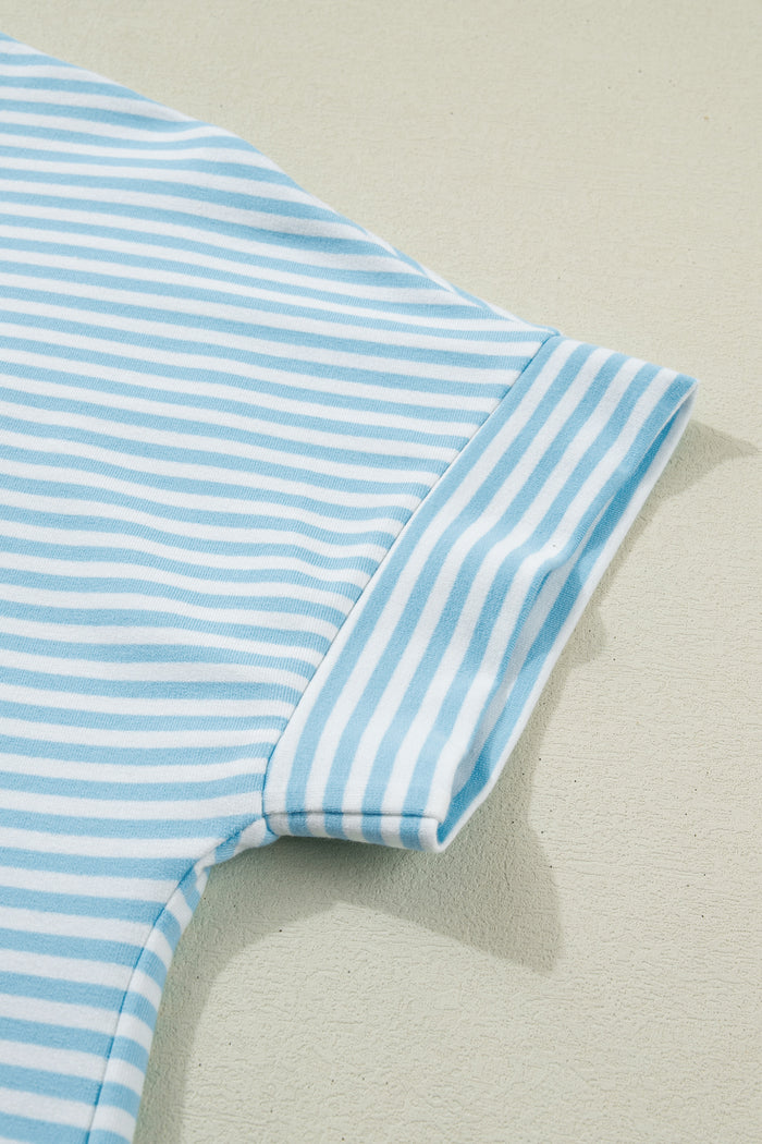 Sky Blue Stripe Cuffed Sleeve Contrast Mock Neck Tee Casual 2pcs Short Set Shewin