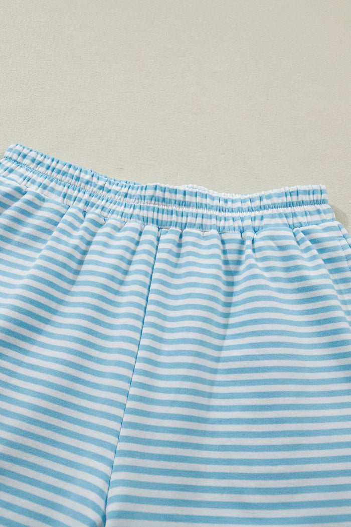 Sky Blue Stripe Cuffed Sleeve Contrast Mock Neck Tee Casual 2pcs Short Set Shewin