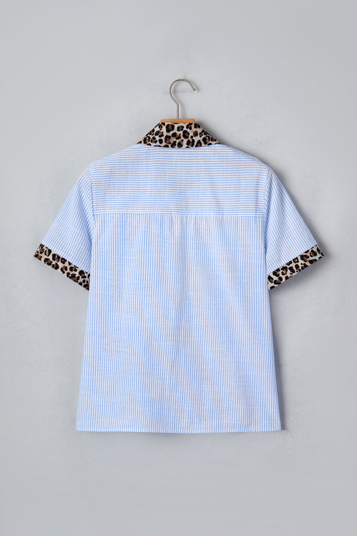Sky Blue Stripe Leopard Contrast Collar Short Sleeve Shirt