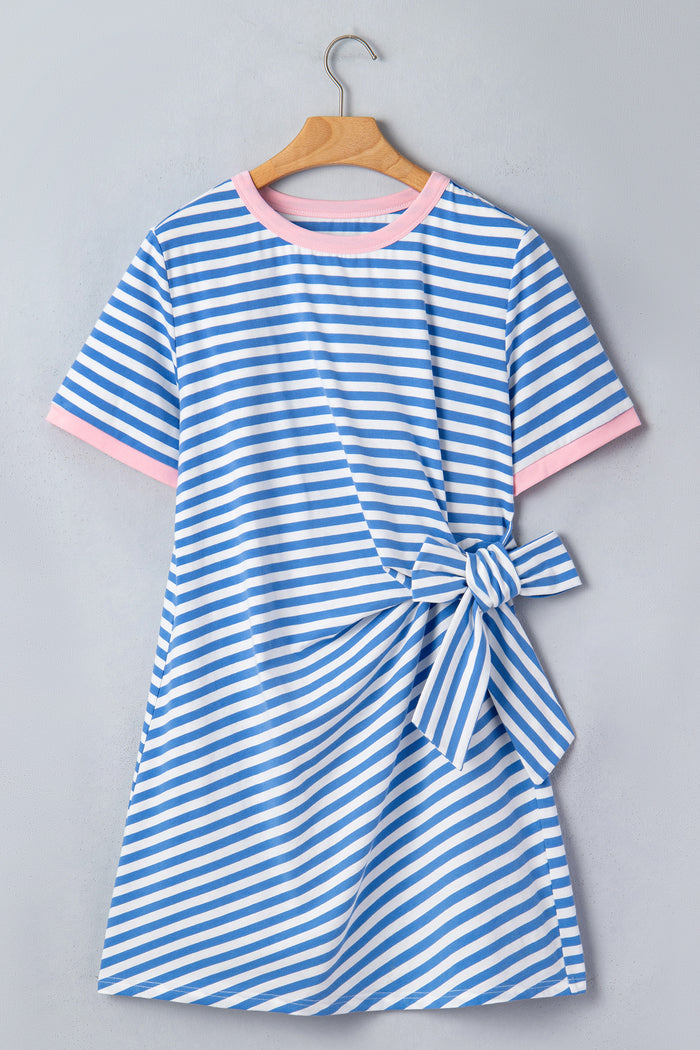 Sky Blue Stripe Nautical Tie Contrast Trim Round Neck T Shirt Mini Dress Shewin