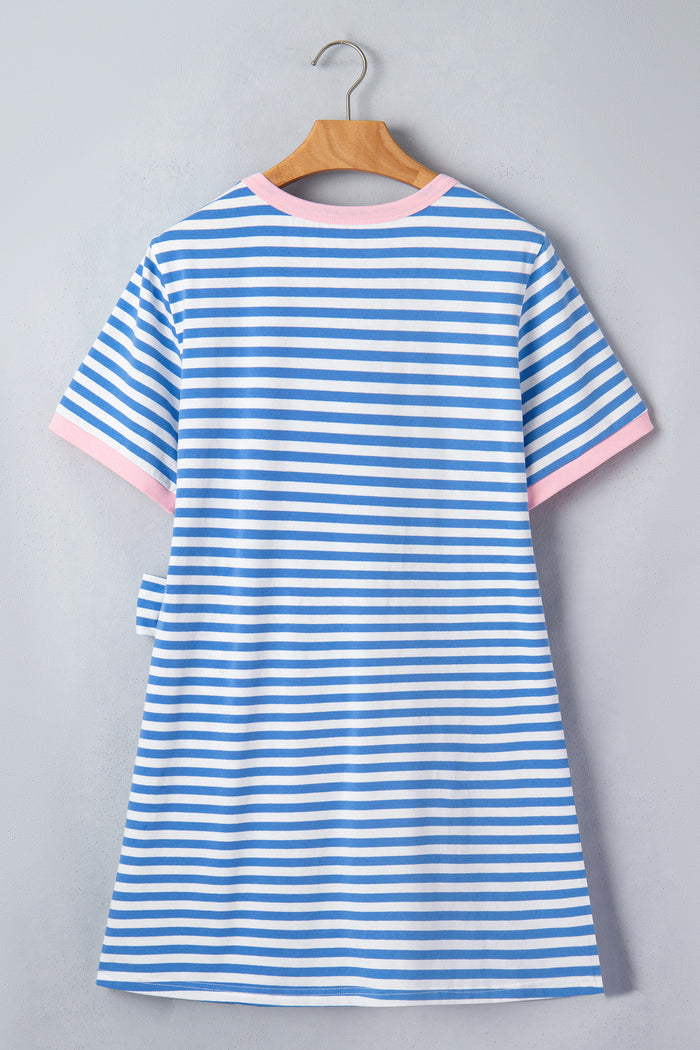 Sky Blue Stripe Nautical Tie Contrast Trim Round Neck T Shirt Mini Dress Shewin