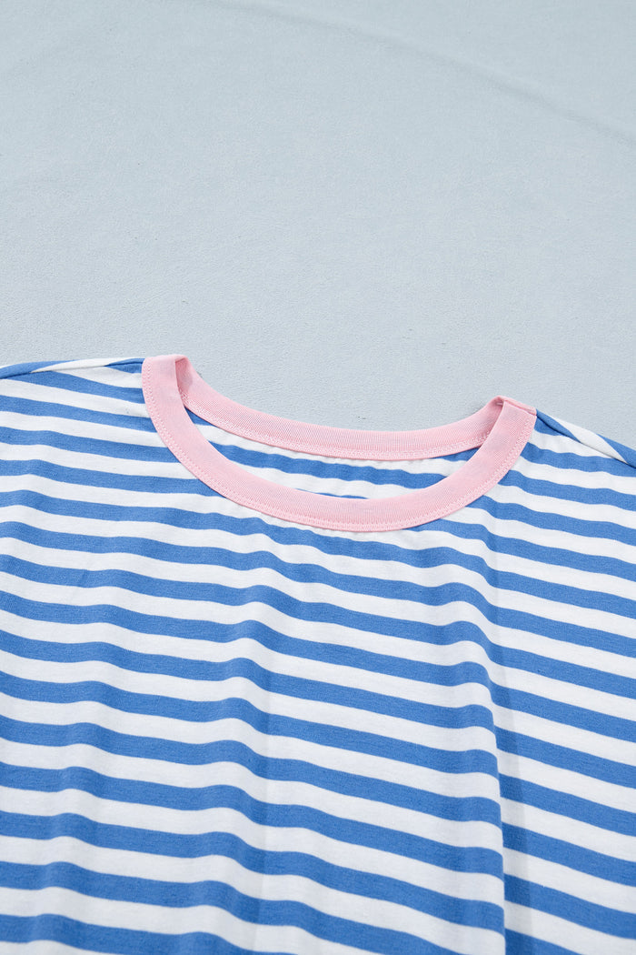 Sky Blue Stripe Nautical Tie Contrast Trim Round Neck T Shirt Mini Dress Shewin