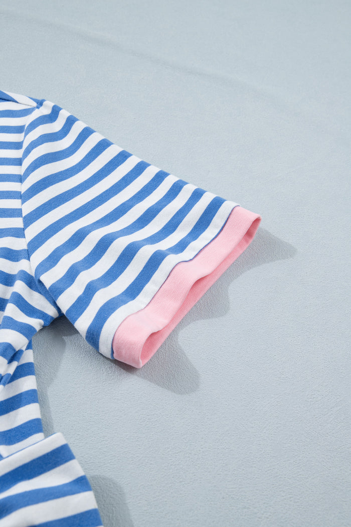 Sky Blue Stripe Nautical Tie Contrast Trim Round Neck T Shirt Mini Dress Shewin