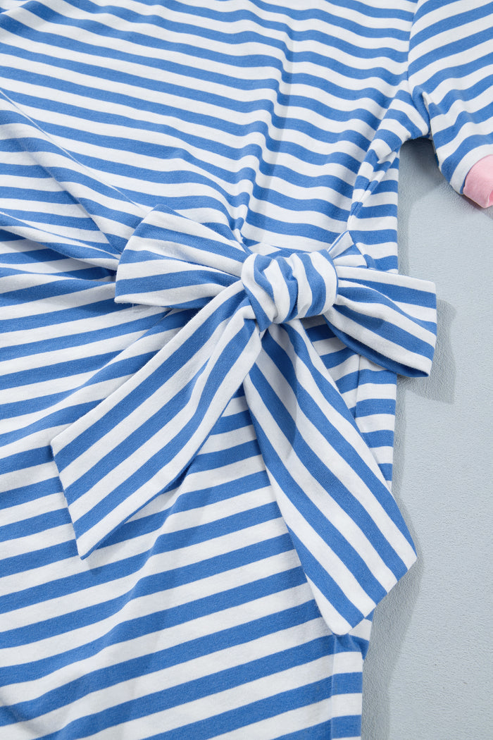 Sky Blue Stripe Nautical Tie Contrast Trim Round Neck T Shirt Mini Dress Shewin