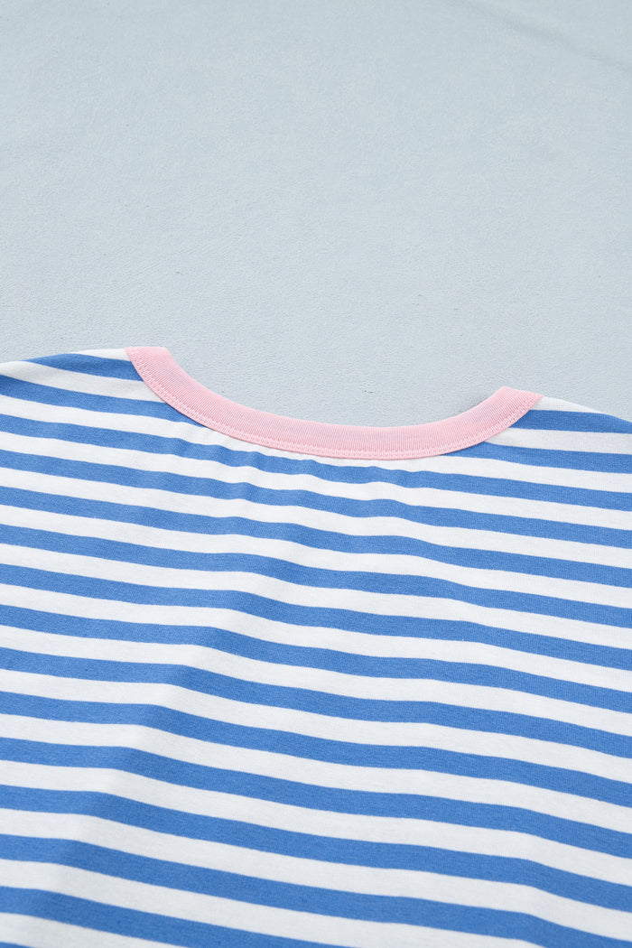 Sky Blue Stripe Nautical Tie Contrast Trim Round Neck T Shirt Mini Dress Shewin