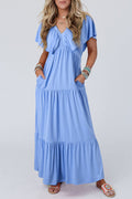 Sky Blue Textured V Neck Flutter Sleeve Ruffled Maxi Dress Shewin
