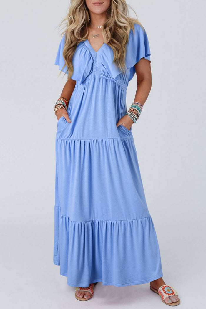 Sky Blue Textured V Neck Flutter Sleeve Ruffled Maxi Dress Shewin