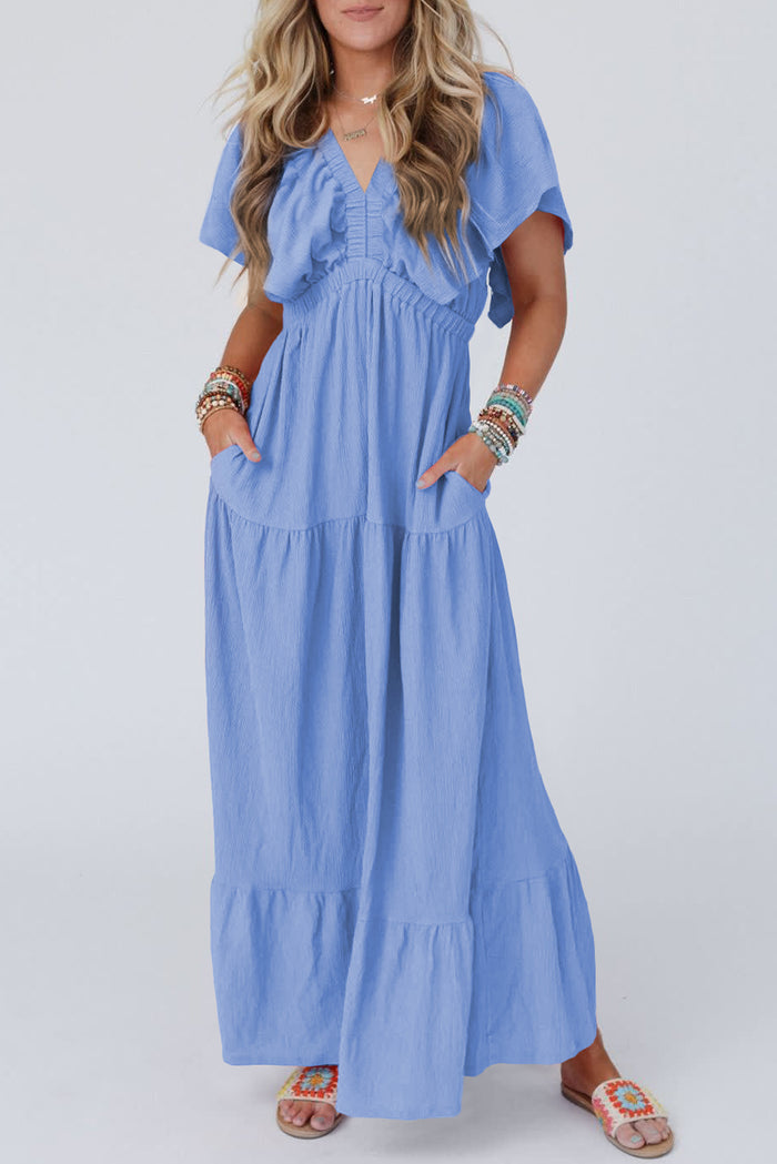 Sky Blue Textured V Neck Flutter Sleeve Ruffled Maxi Dress Shewin