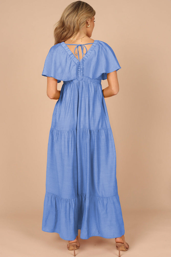 Sky Blue Textured V Neck Flutter Sleeve Ruffled Maxi Dress Shewin