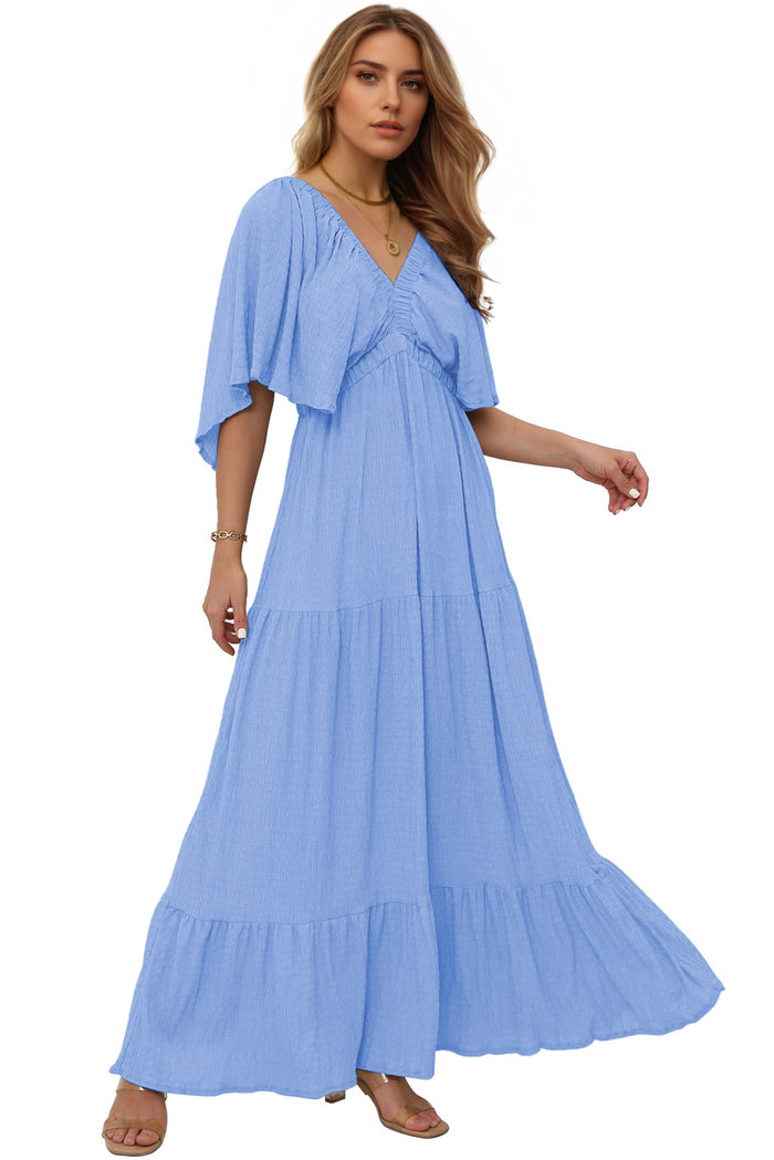 Sky Blue Textured V Neck Flutter Sleeve Ruffled Maxi Dress Shewin