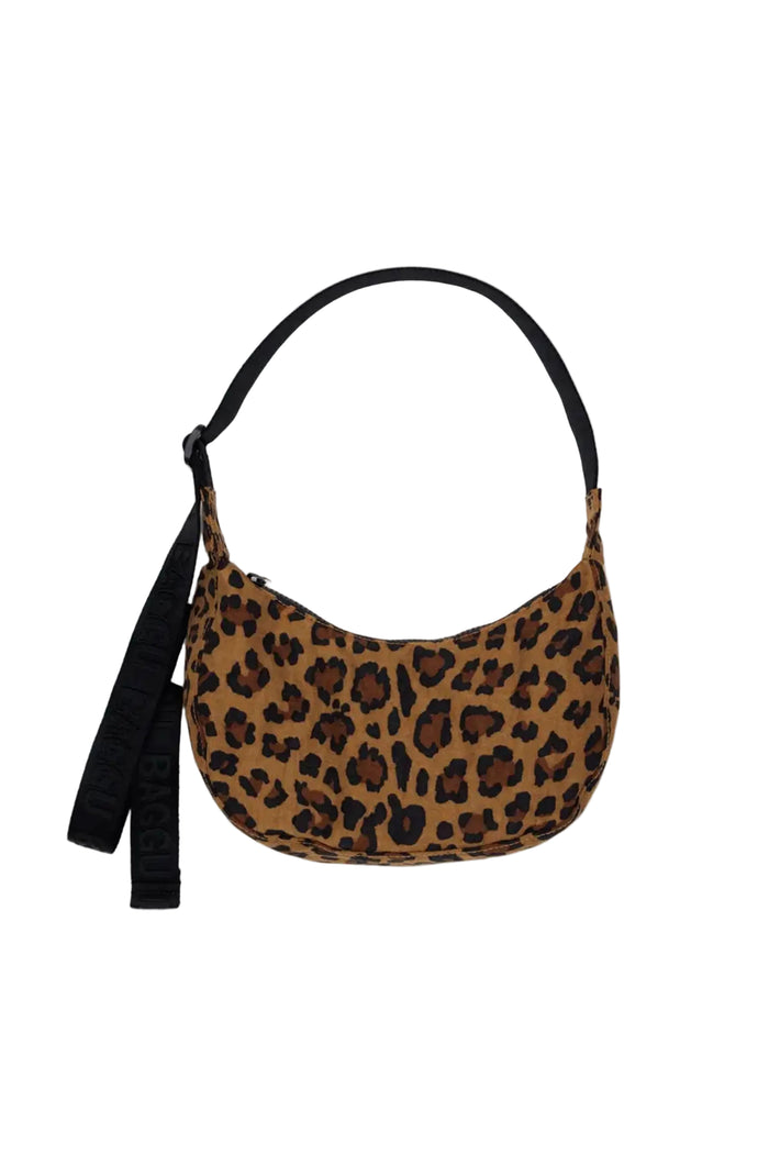 A small nylon crescent-shaped bag with a leopard print design, featuring a black strap and brown body.