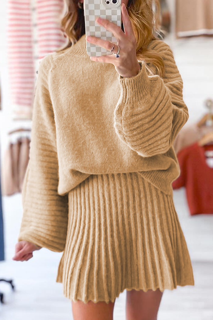 Smoke Gray Lantern Sleeve Sweater Pleated Knitted Mini Skirt Set Shewin