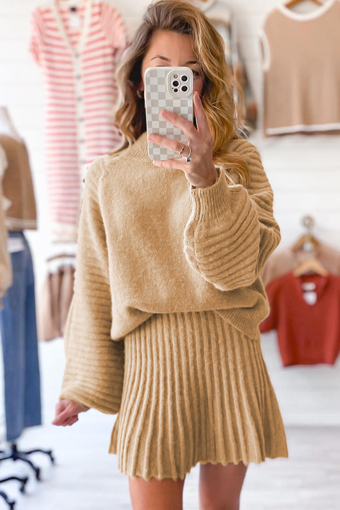 Smoke Gray Lantern Sleeve Sweater Pleated Knitted Mini Skirt Set Shewin