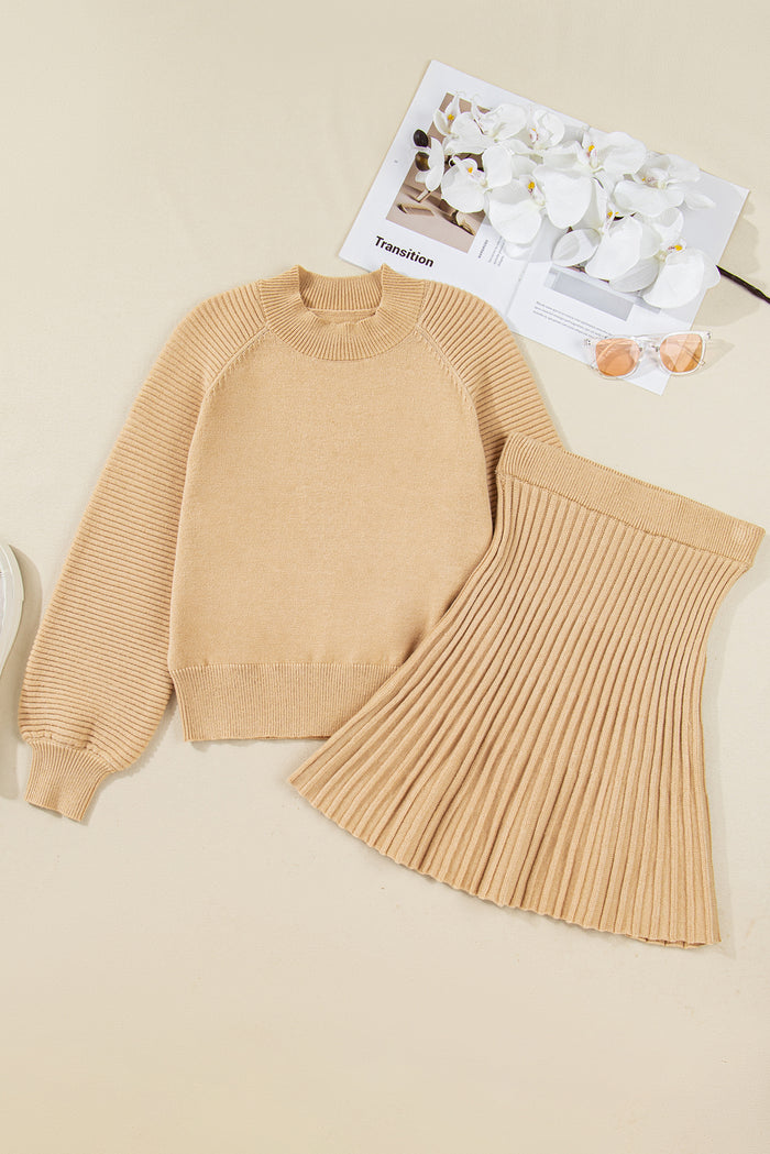 Smoke Gray Lantern Sleeve Sweater Pleated Knitted Mini Skirt Set Shewin
