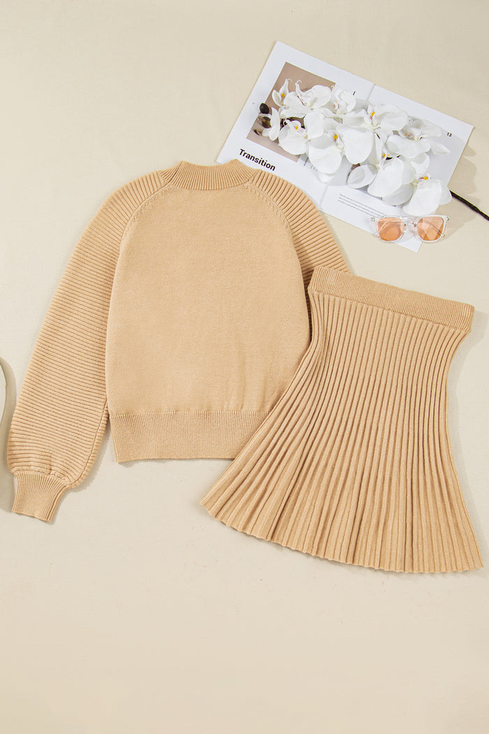 Smoke Gray Lantern Sleeve Sweater Pleated Knitted Mini Skirt Set Shewin