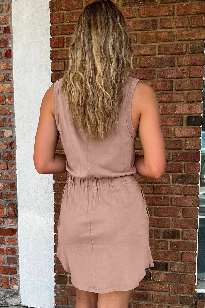 Smoke Gray Mineral Wash U Neck Elastic Waist Sleeveless Mini Dress Shewin