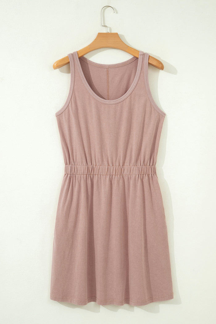 Smoke Gray Mineral Wash U Neck Elastic Waist Sleeveless Mini Dress Shewin