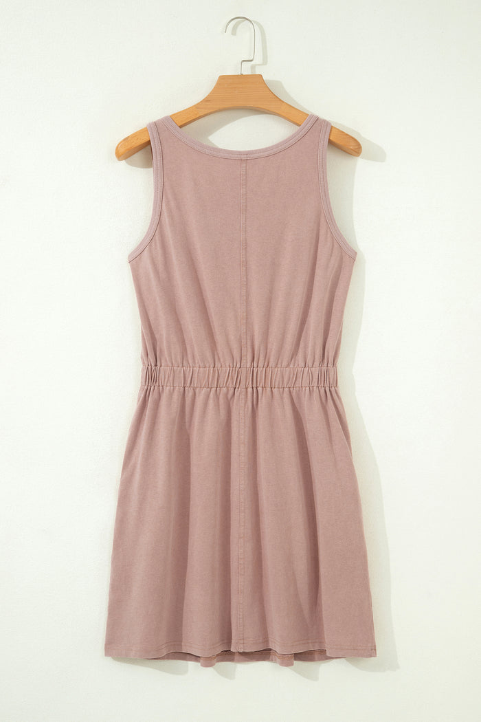 Smoke Gray Mineral Wash U Neck Elastic Waist Sleeveless Mini Dress Shewin