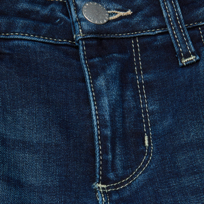 Close-up of the Sneeki Low-Rise Straight-Leg Jean in dark wash blue denim, highlighting the waistband, button, front pocket, belt loop, and yellow stitching.