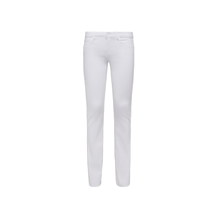 The Sneeki Low-Rise Straight-Leg Jean, crafted from super stretch denim in white and designed with a slim fit and stylish raw hem, is displayed against a plain white background.