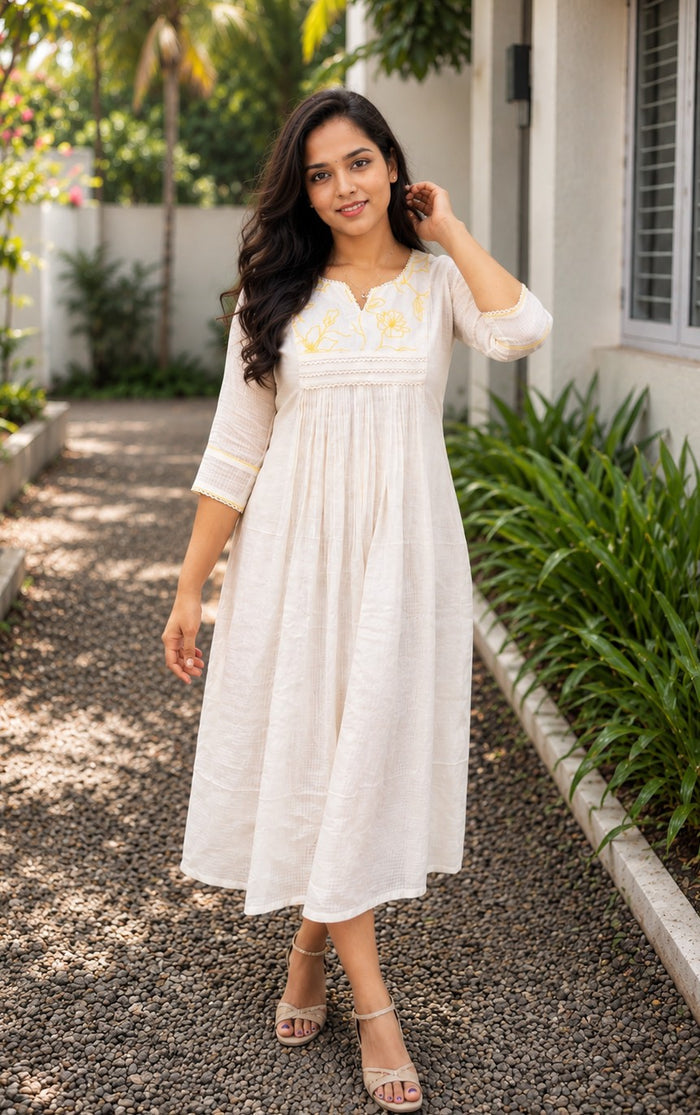 Soft cotton Kota checks Aline Kurti with yellow floral thread embroidered yoke MBS-1259 **Ready to dispatch**