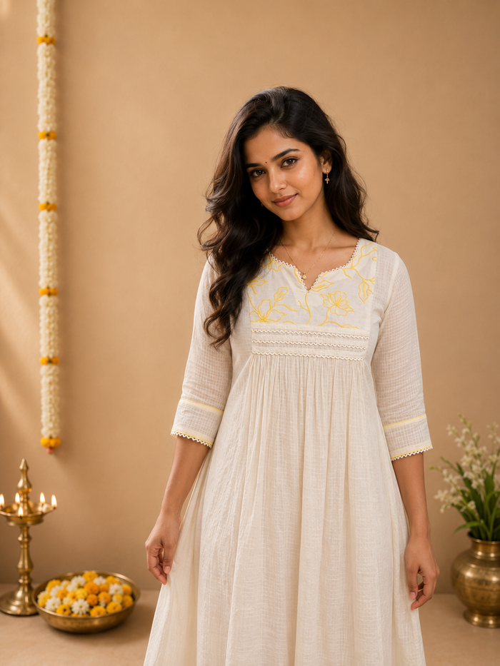 Soft cotton Kota checks Aline Kurti with yellow floral thread embroidered yoke MBS-1259 **Ready to dispatch**