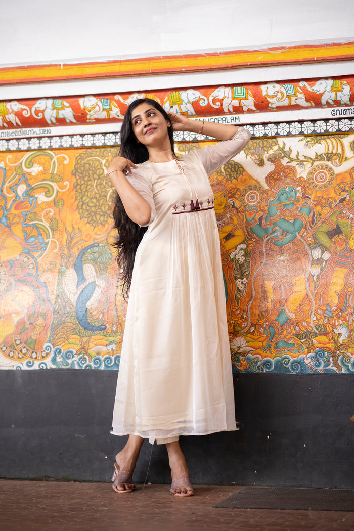 soft organza kurti with thread worked yoke in Kerala cream shade MBS-406  **Ready to dispatch**
