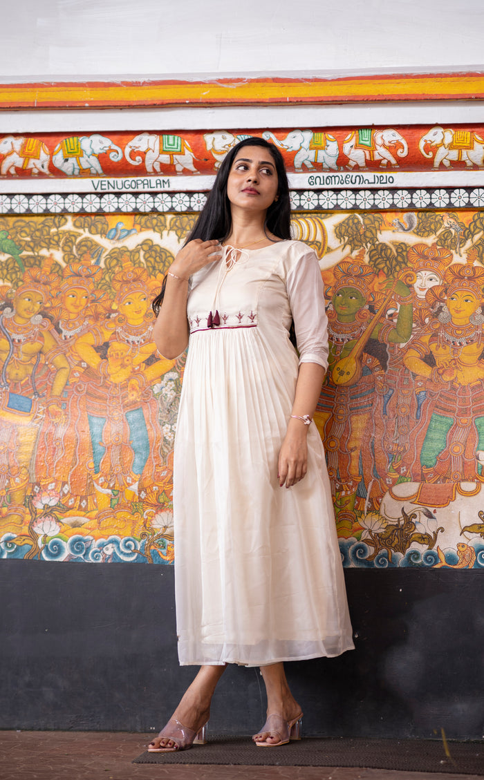 soft organza kurti with thread worked yoke in Kerala cream shade MBS-406  **Ready to dispatch**