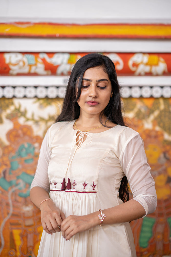 soft organza kurti with thread worked yoke in Kerala cream shade MBS-406  **Ready to dispatch**