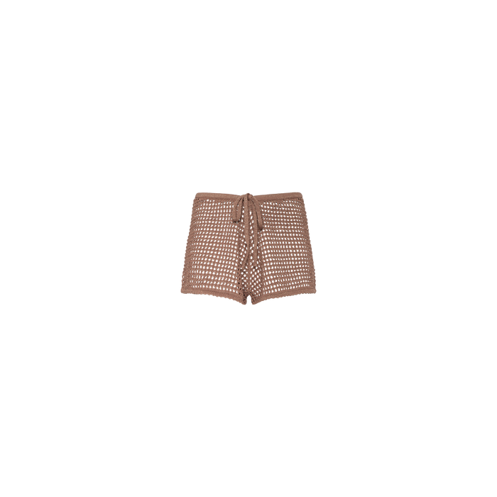Solan Pointelle Knit Short in brown, featuring a tie waist and delicate pointelle knit, shown on a plain white background.