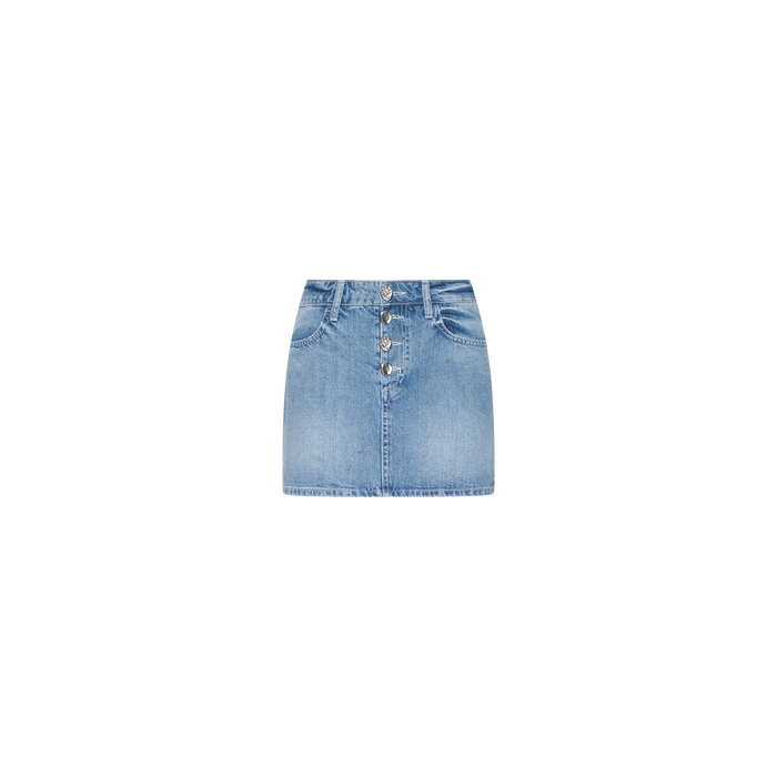 The Solene Jean Mini Skirt is a light wash denim mini skirt crafted from 100 cotton, featuring front buttons, belt loops, and two front pockets, shown against a plain white background.