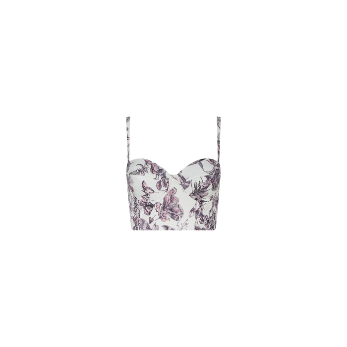The Sonya Bustier is a white bustier top with thin straps, adorned with a purple floral and butterfly print, featuring padded underwire for added support, and shown against a plain white background.
