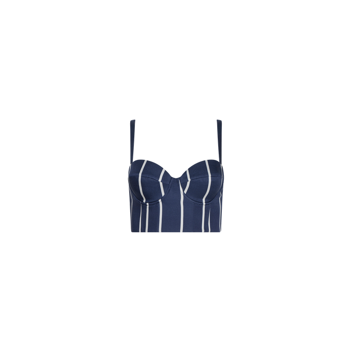 The Sonya Bustier, featuring vertical white stripes on a navy background, structured underwire cups, and thin adjustable shoulder straps, is displayed on a plain white background.