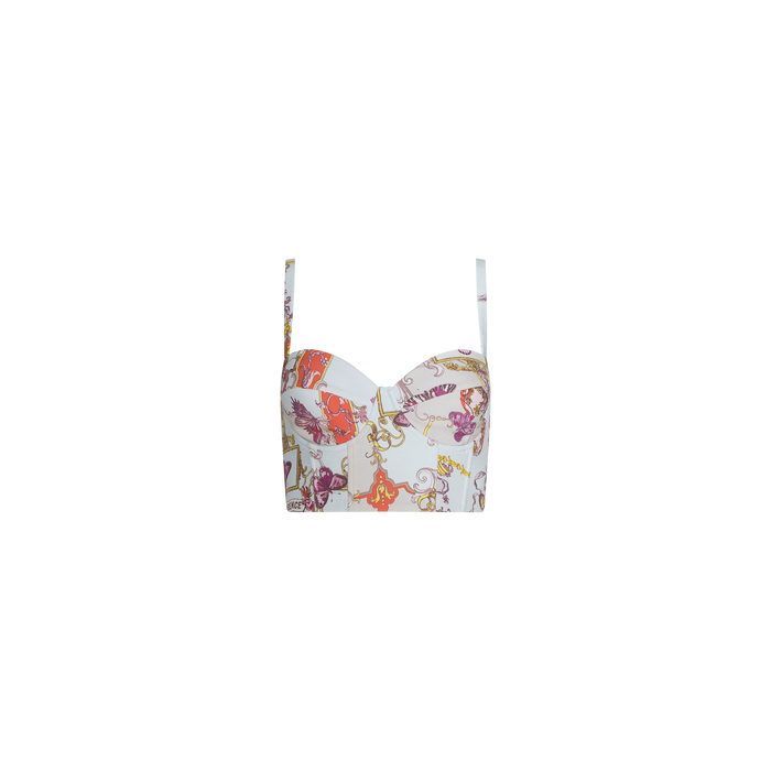 The Sonya Bustier is a cropped top with thin straps, crafted from lightweight twill and adorned with a colorful baroque toile print featuring chains, ropes, and animal motifs on a light background.