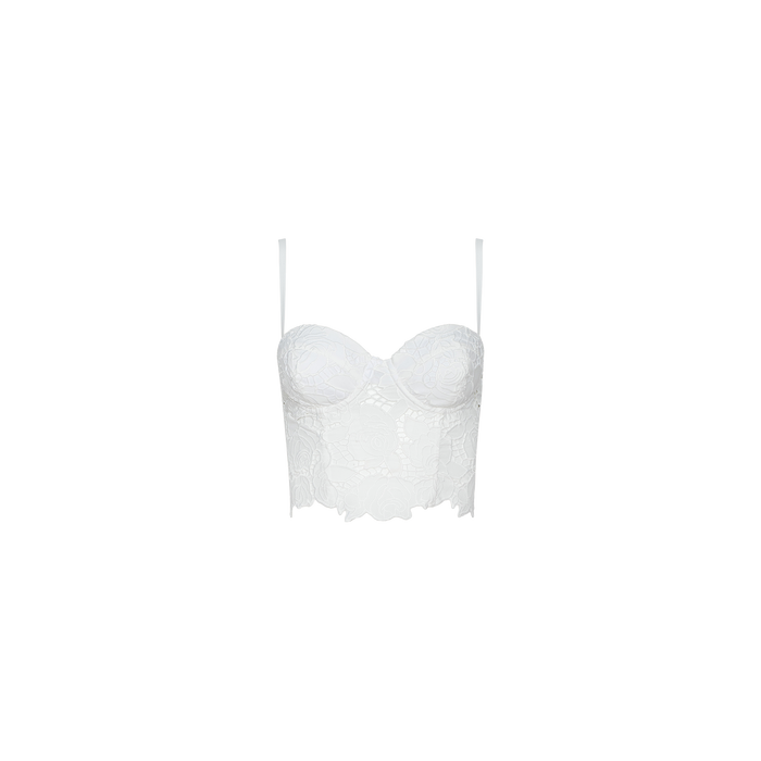 The Sonya Bustier, featuring white eyelet fabric, thin straps, underwire cups, and a scalloped hem, is displayed against a plain white background.