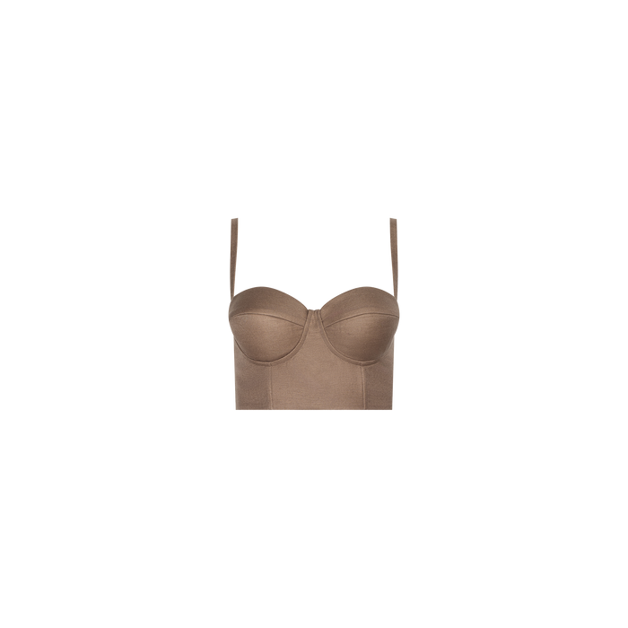 Sonya Linen-Blend Bustier featuring a brown linen fabric, adjustable shoulder straps, underwire cups, and a fitted bodice, displayed against a plain white background.