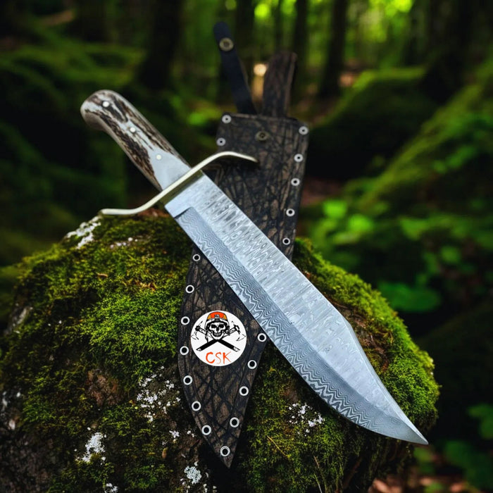 SS Damascus Stag Hunting Knife with Custom Leather Sheath by cskforged cskforged