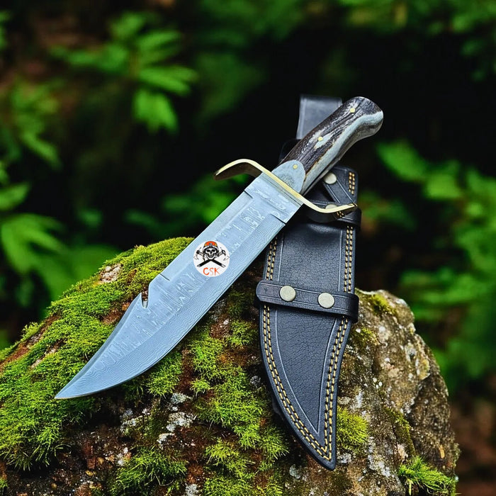 SS Damascus Stag Hunting Knife with Custom Leather Sheath by cskforged cskforged
