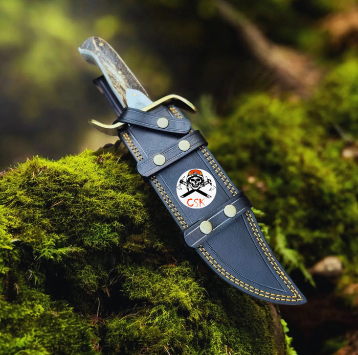 SS Damascus Stag Hunting Knife with Custom Leather Sheath by cskforged cskforged