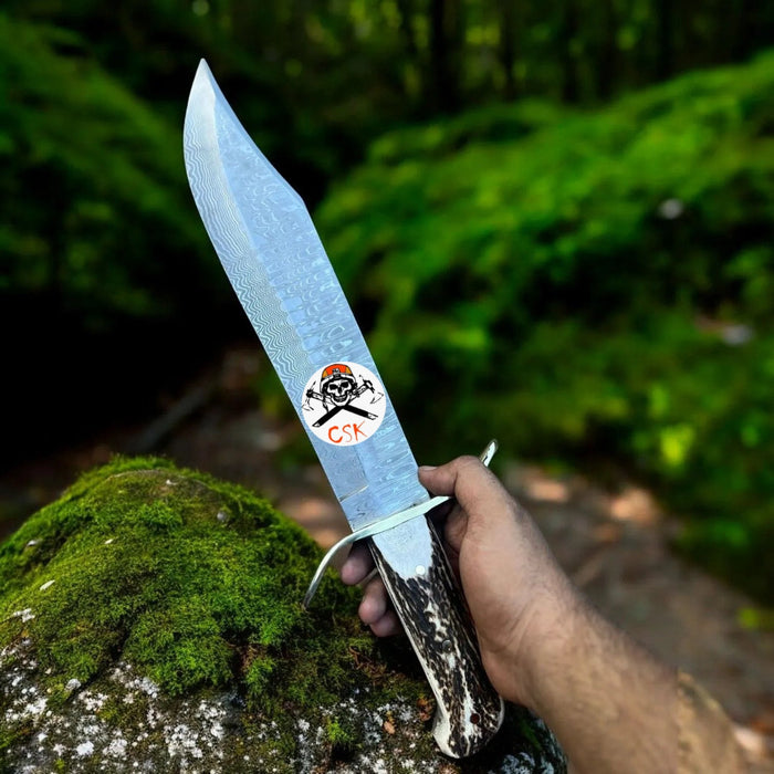 SS Damascus Stag Hunting Knife with Custom Leather Sheath by cskforged cskforged