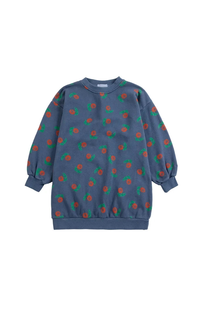 A navy blue crewneck sweatshirt dress with a repeating pattern of red flowers and green leaves, displayed flat against a light gray background.