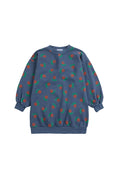 A navy blue crewneck sweatshirt dress with a repeating pattern of red flowers and green leaves, displayed flat against a light gray background.