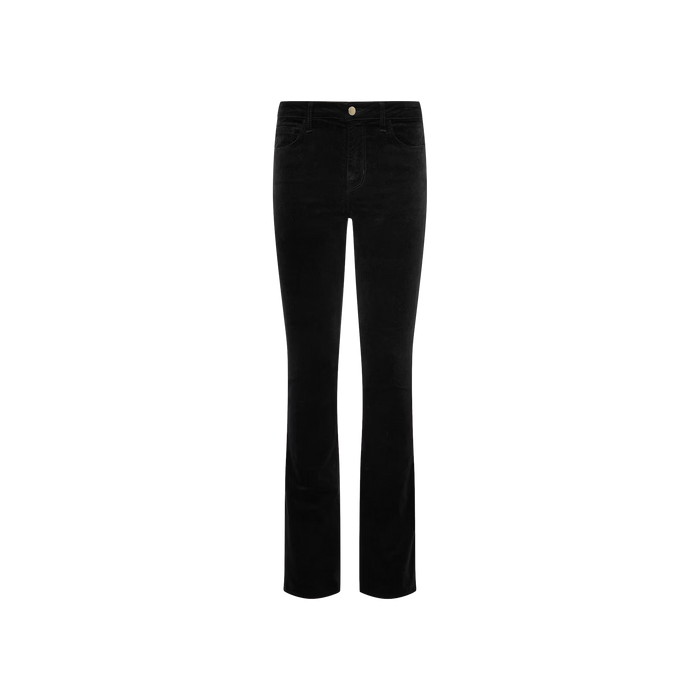 The Stevie Velvet Jean features a straight-leg fit, mid-rise waist, front button closure, and both front and back pockets, shown here in black on a plain white background.