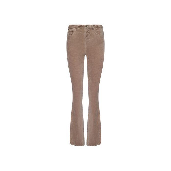 Stevie Velvet Jean in a high-rise, light brown design with a straight leg silhouette and slight flare at the ankles, shown against a white background.