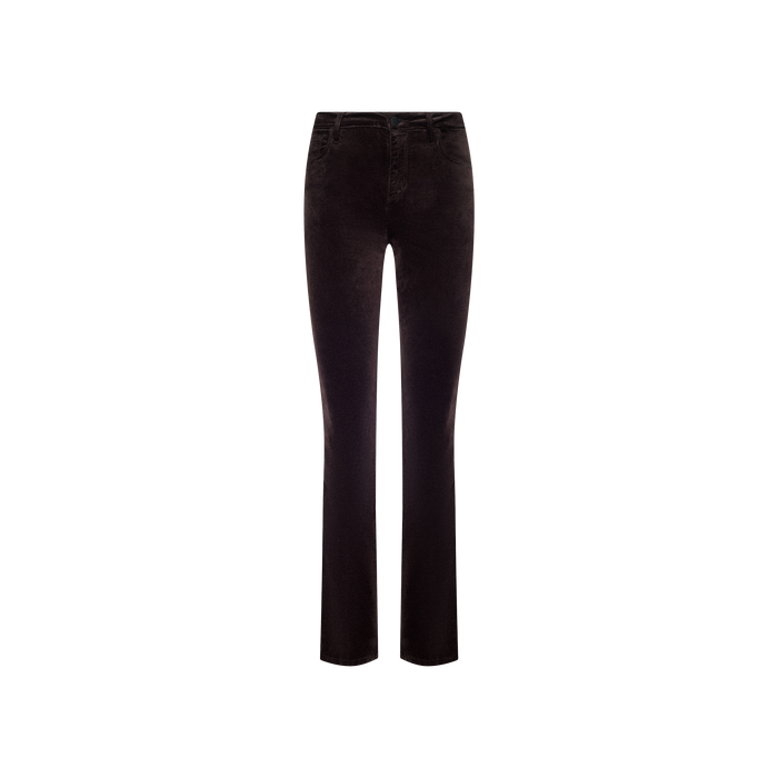 A pair of Stevie Velvet Jean high-waisted, slim straight leg pants in dark java brown is displayed against a plain white background.