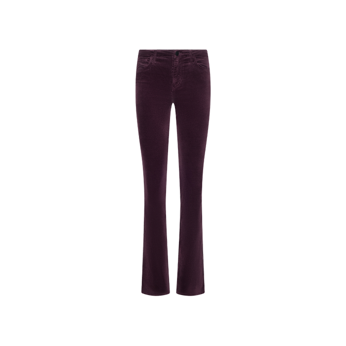 The Stevie Velvet Jean is a pair of plum-colored stretch velvet jeans featuring a fitted waist, button and zip closure, and slightly flared legs, displayed on a white background.