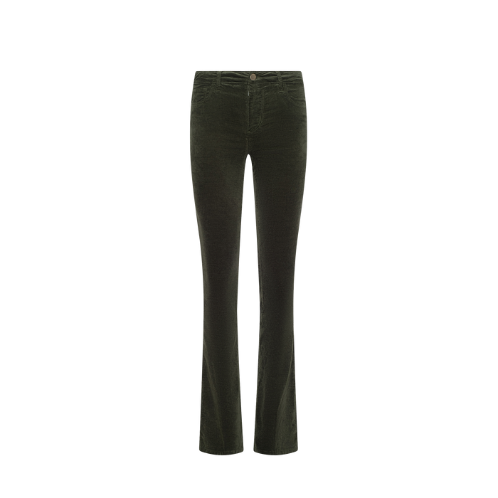The Stevie Velvet Jean in dark green features a high rise, fitted waist, straight leg cut, and a slight flare at the hem, displayed against a white background.
