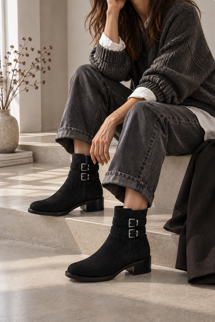 Stivaletto Praga nero - Vegan con zip e fibbie